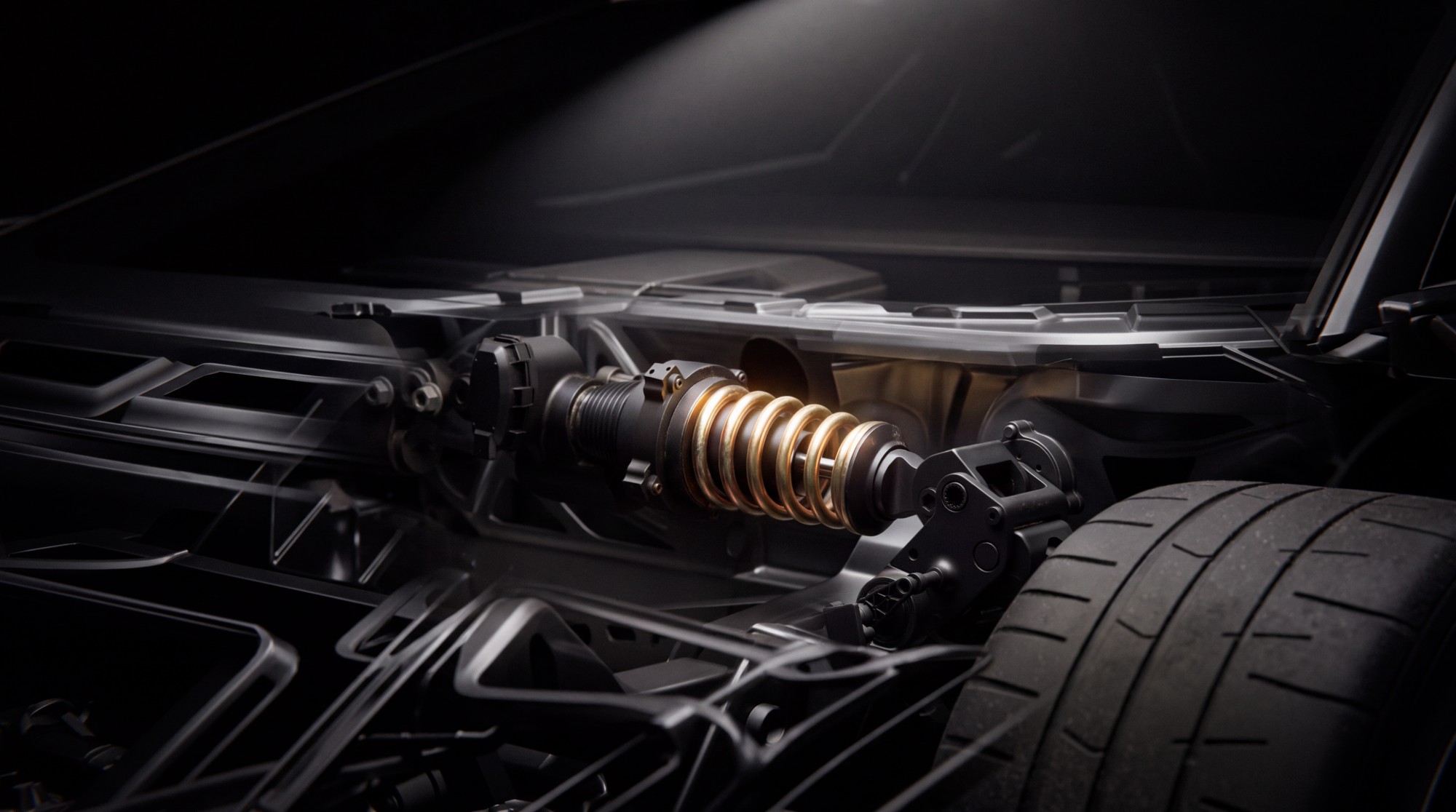 Cutaway rendering of the Roadster’s front structure, with a gold-coloured suspension spring and damper next to the wheel